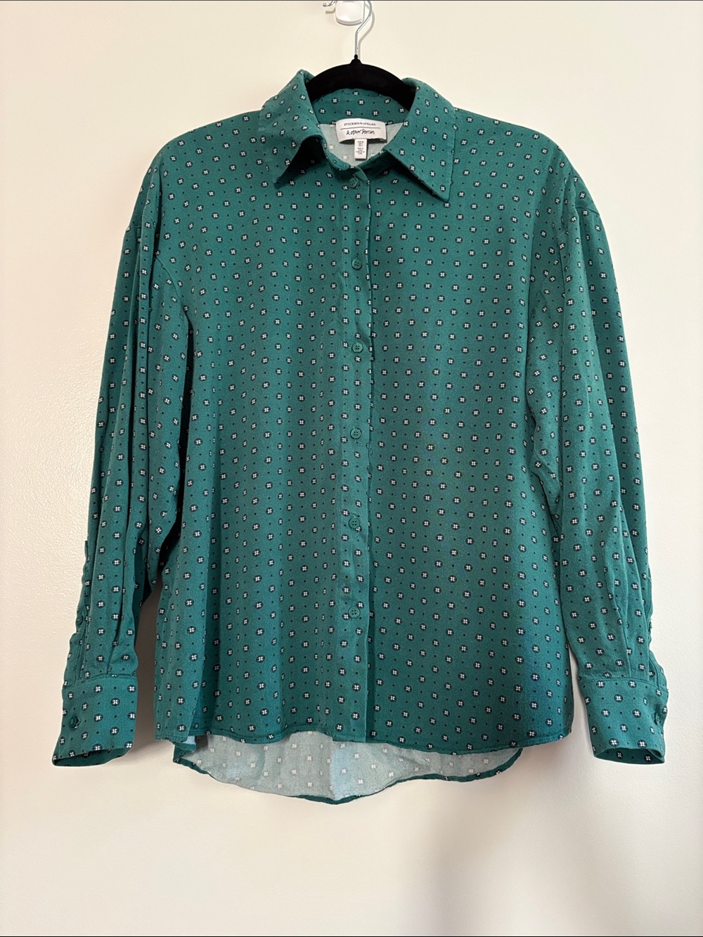 & Other Stories Scandi Green Micro-Geometric Long Sleeve Blouse Size 4